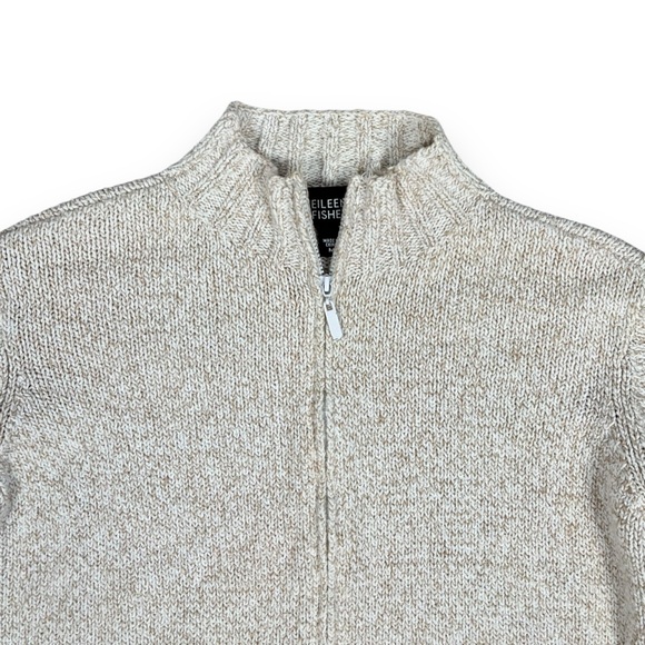 Eileen Fisher Heathered Beige Cardigan Full Zip Cotton Linen Pockets Sz M - Picture 3 of 6